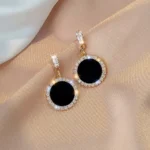 Black Round Drop Earrings with Gold Rim and Crystals