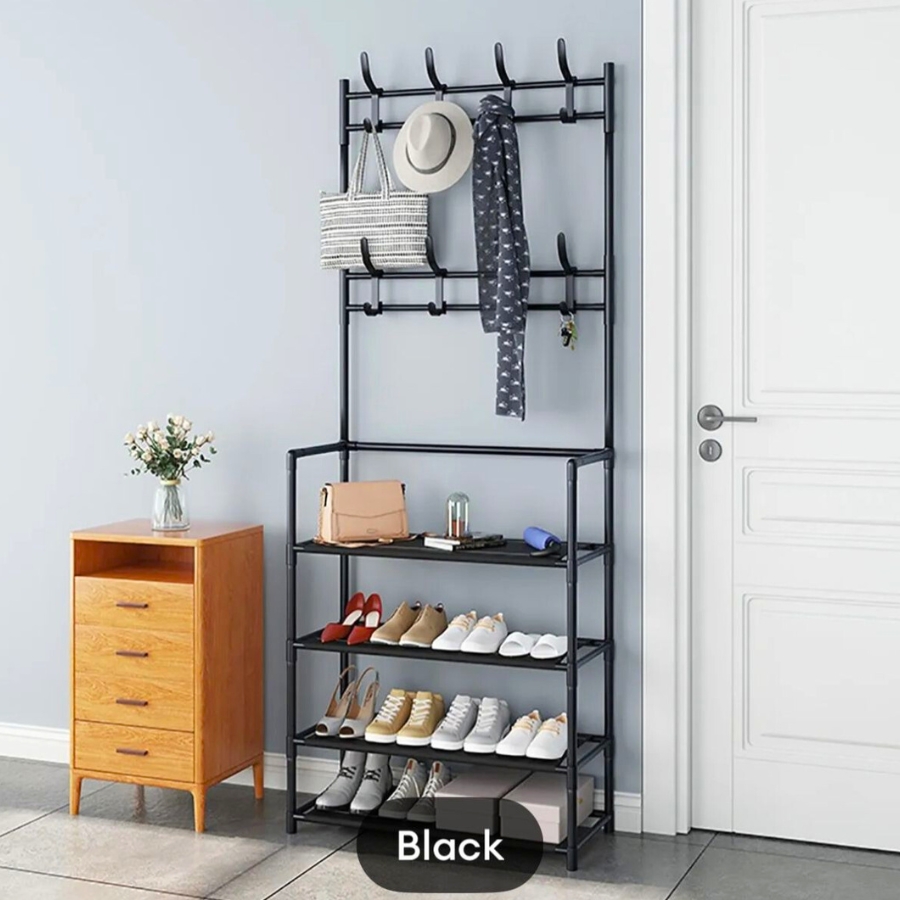 Multi Function 4 Tier Shoe Rack with Coat Hanger